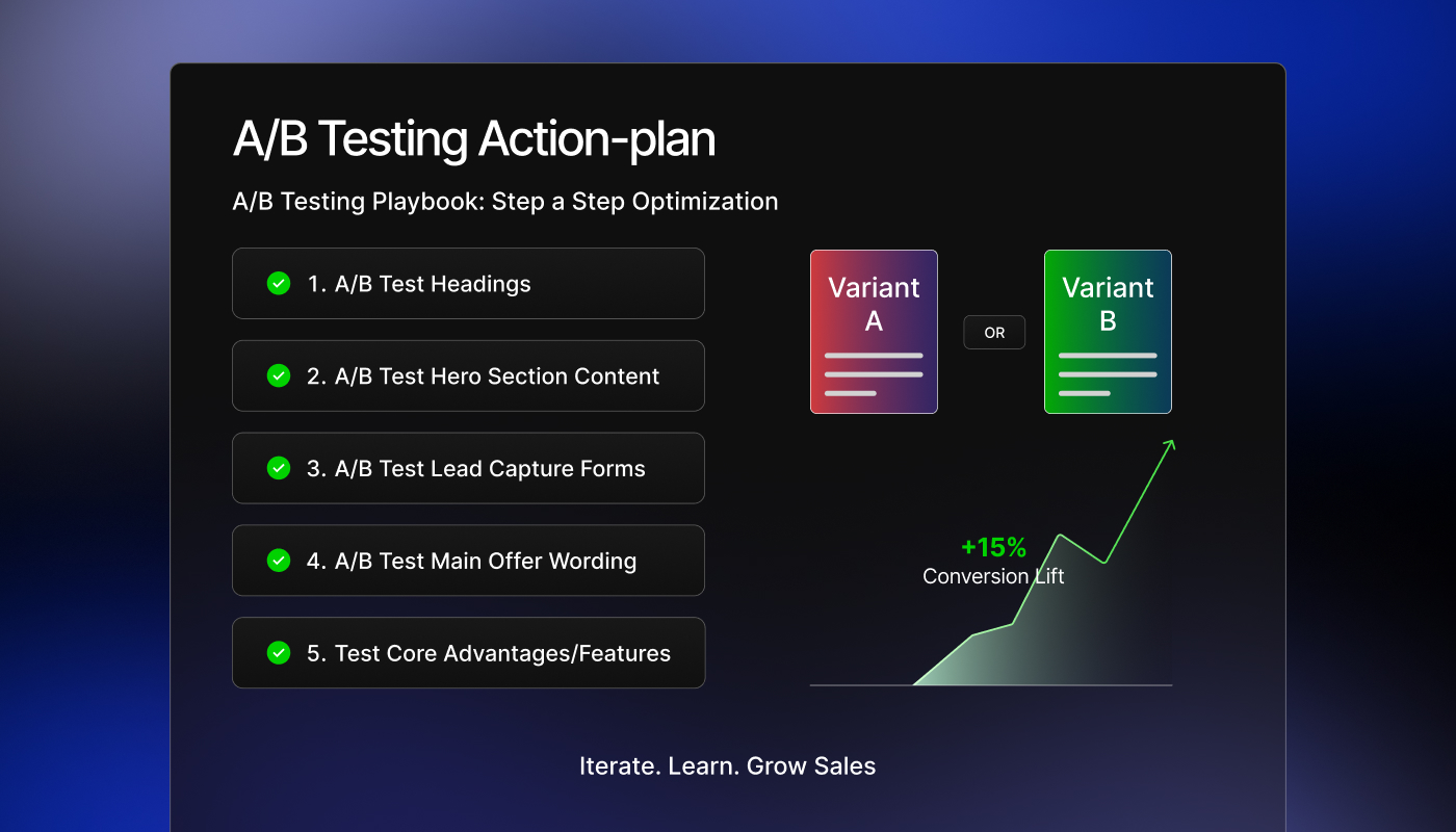 Step by step plan for A/B testing with conversion growth chart